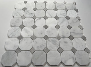 Octagon Mosaic Carrara Marble White Bianco Tile Gray Dots Honed 2", 1 sheet
