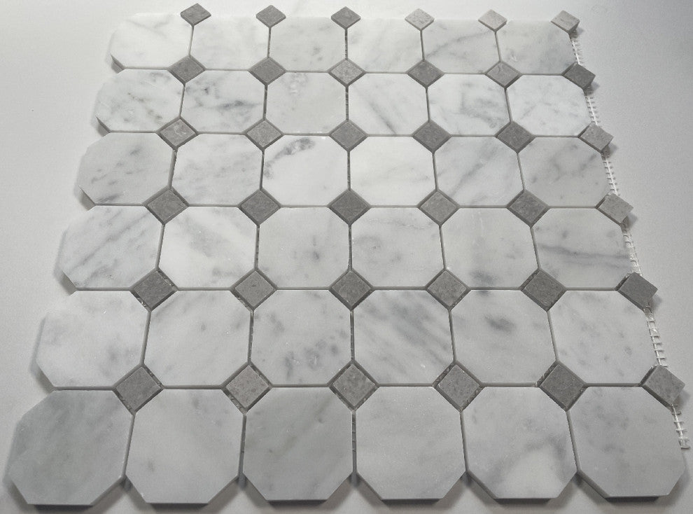Octagon Mosaic Carrara Marble White Bianco Tile Gray Dots Honed 2", 1 sheet