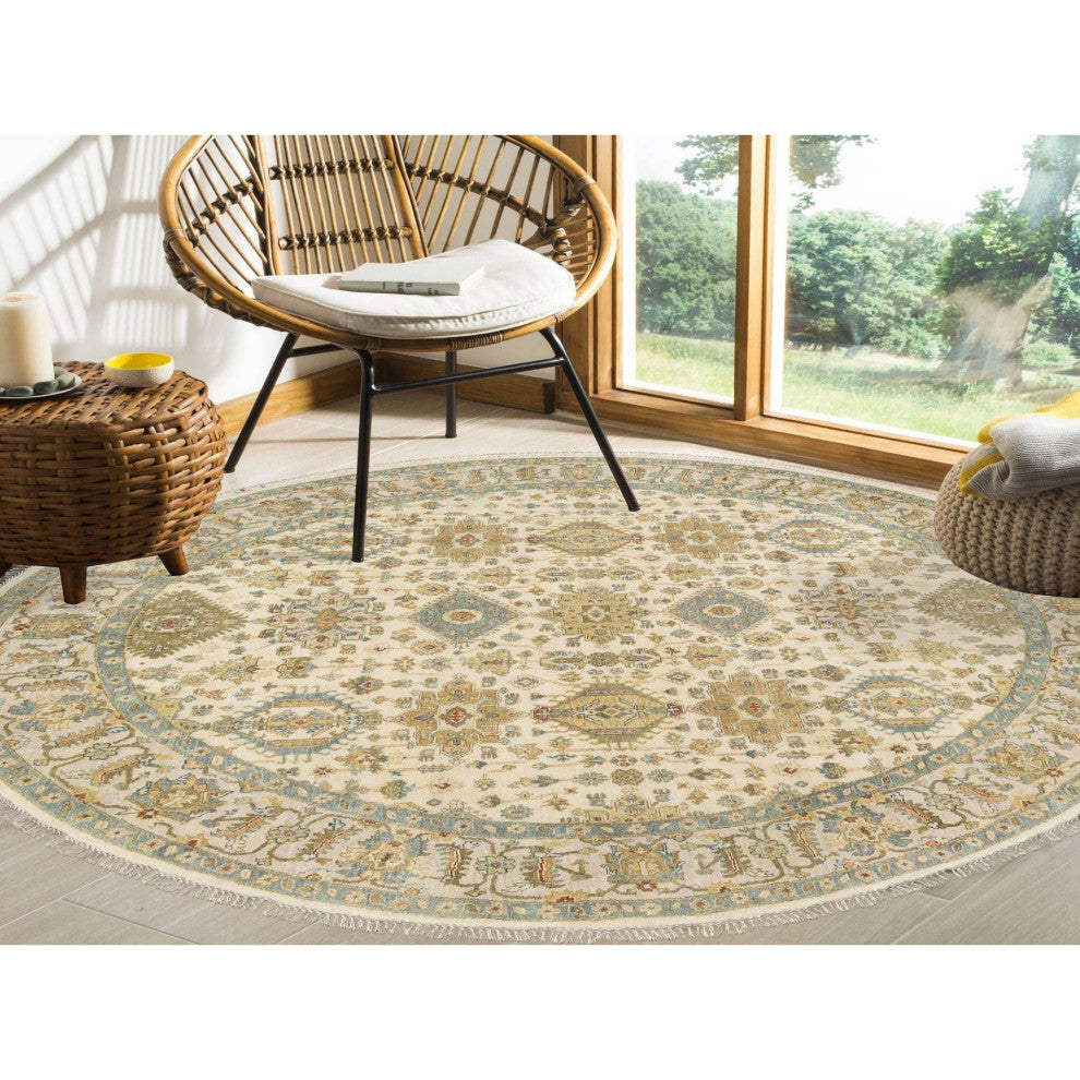 Ivory, Hand Knotted, Karjihooz Design, Wool, Round Rug, 8'10" x 8'10"