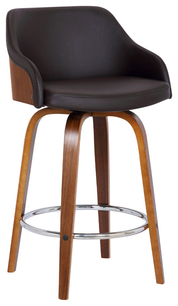 26" Brown Swivel Faux Leather Walnut Wooden Bar Stool