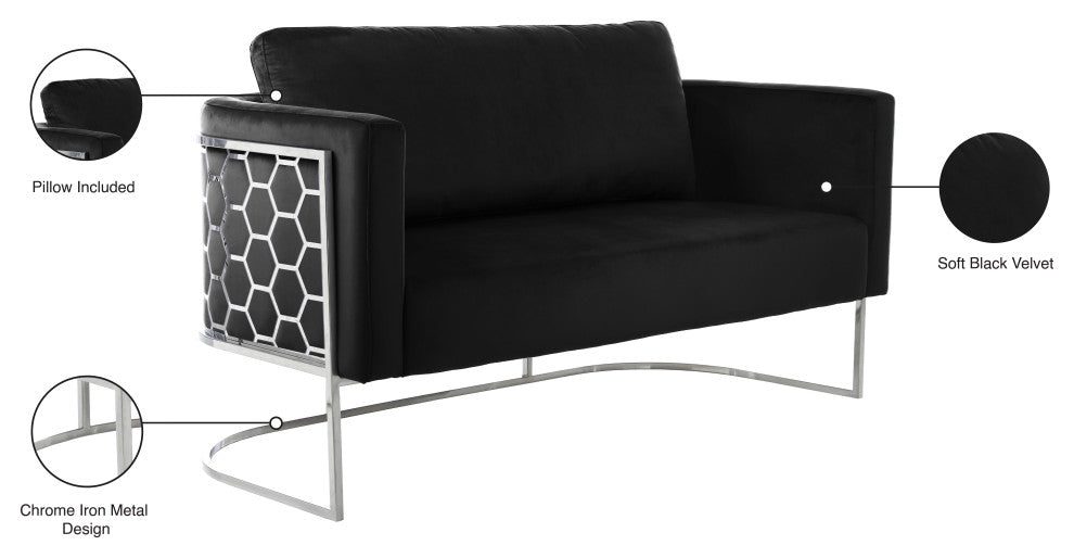 Casa Velvet Upholstered Loveseat, Black, Chrome Finish
