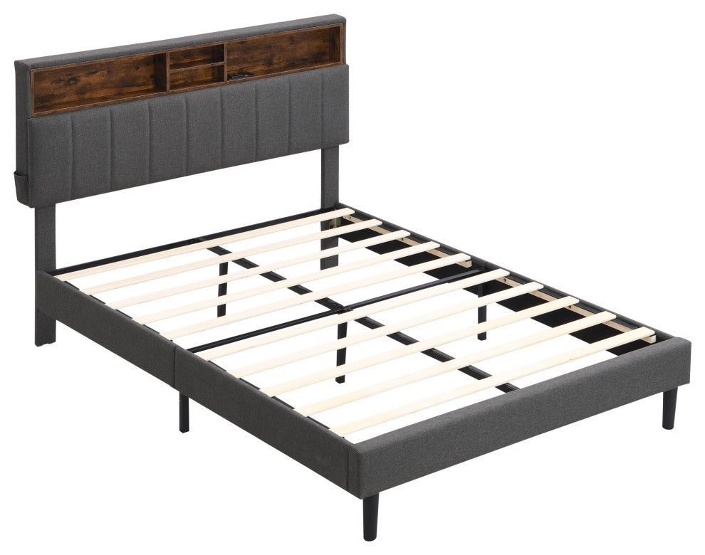 TATEUS Upholstered Platform Bed With Storage Headboard and USB Port, Gray, Full
