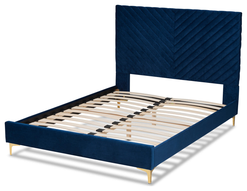 Sofi Glam and Luxe Velvet Upholstered Platform Bed, Navy Blue/Gold, King