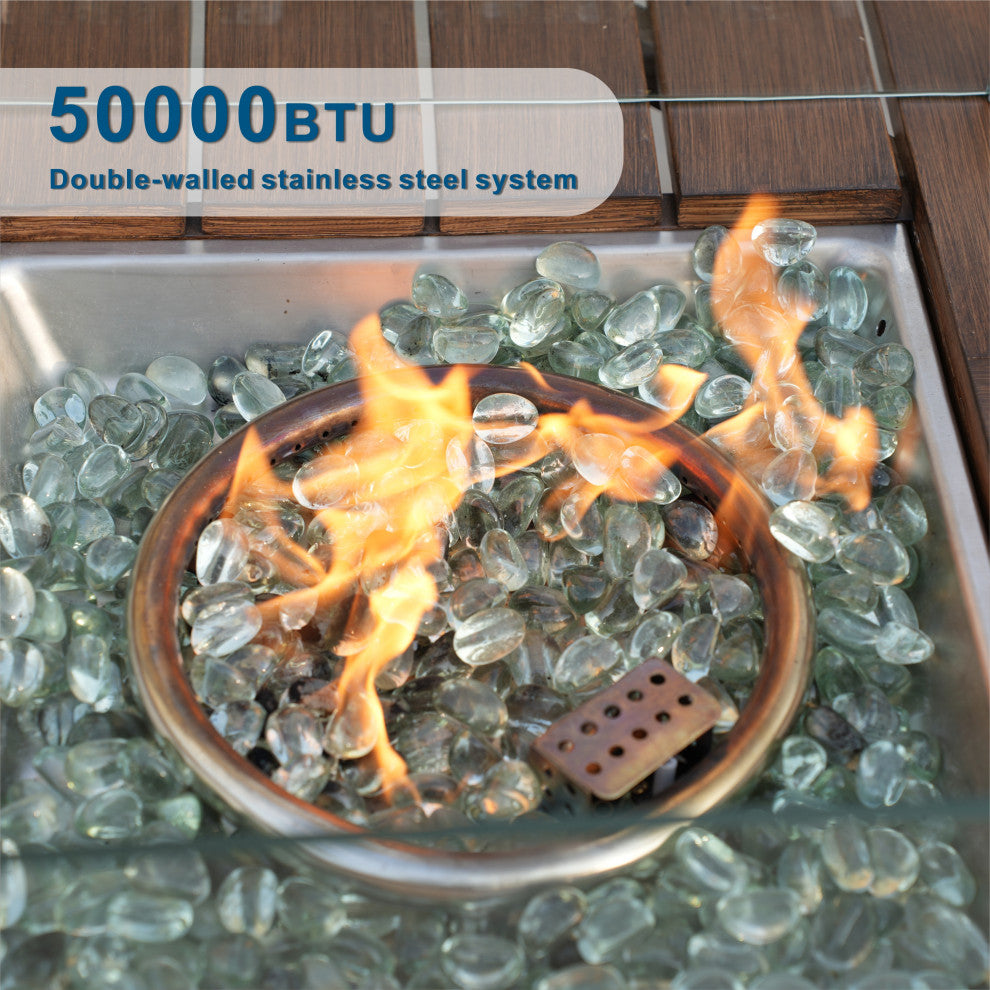 7-Piece Patio Sofa Set with Firepit and Ice Container Dining Table, Brown