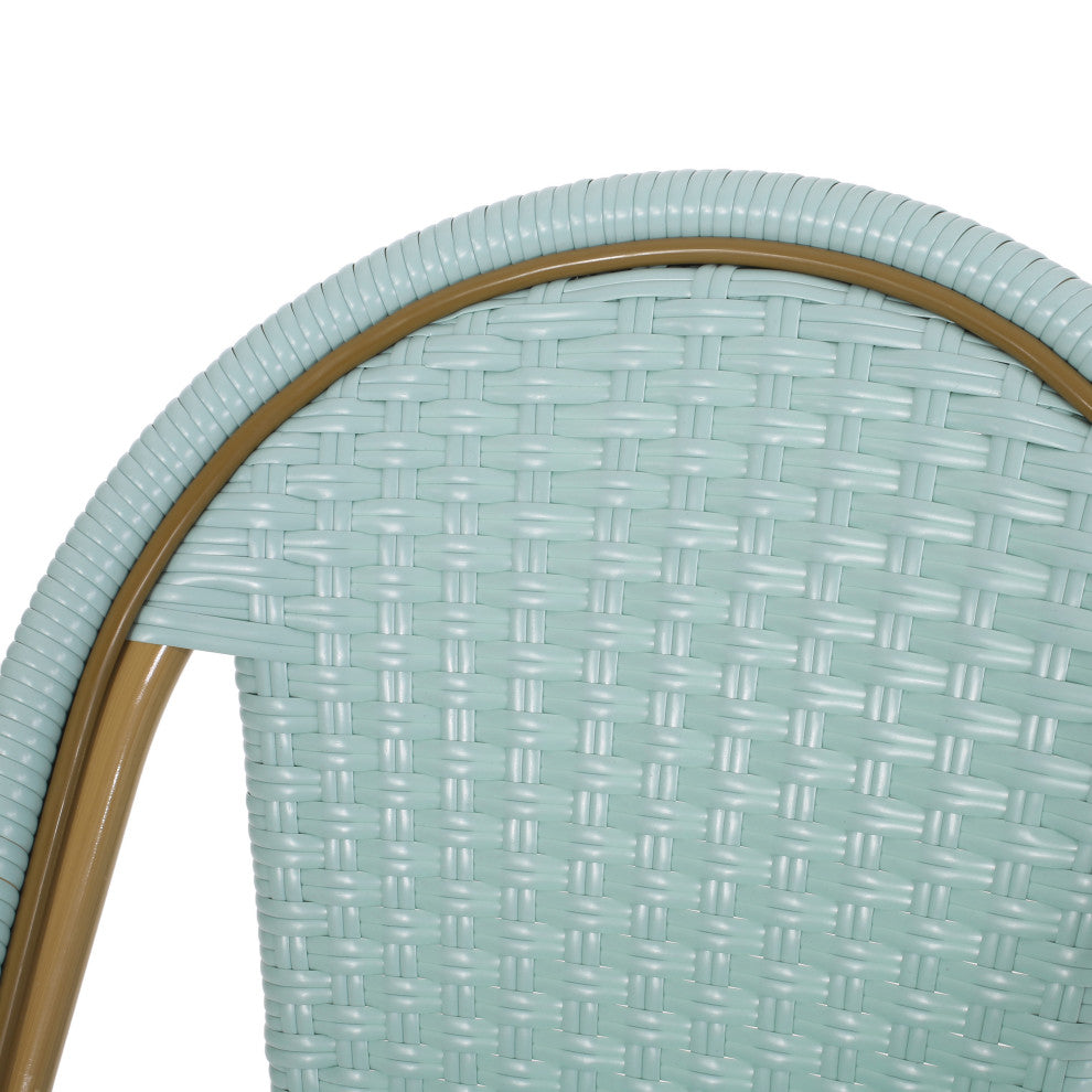 Cotterell Outdoor French Wicker and Aluminum 29.5" Barstools, Set of 4, Light Teal/Bamboo Finish
