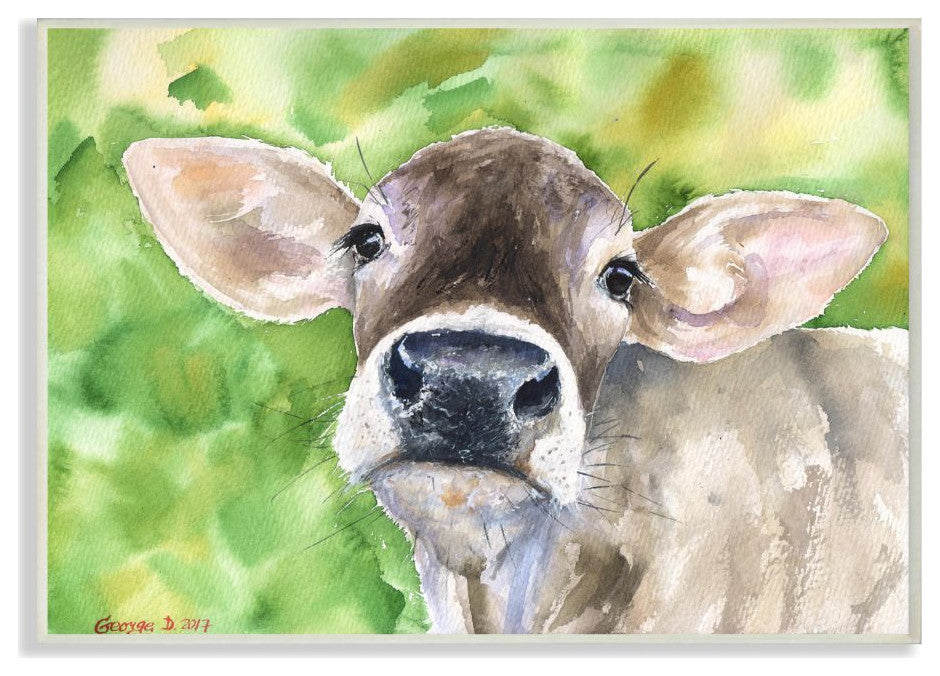 Cute Baby Cow Animal Green Watercolor Painting, 12"x18"