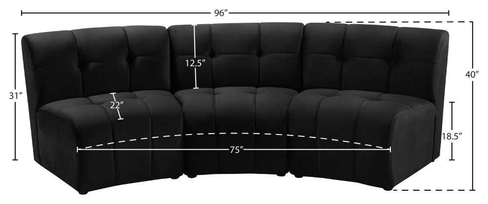 Limitless Velvet Upholstered 3-Piece Modular Sectional, Black