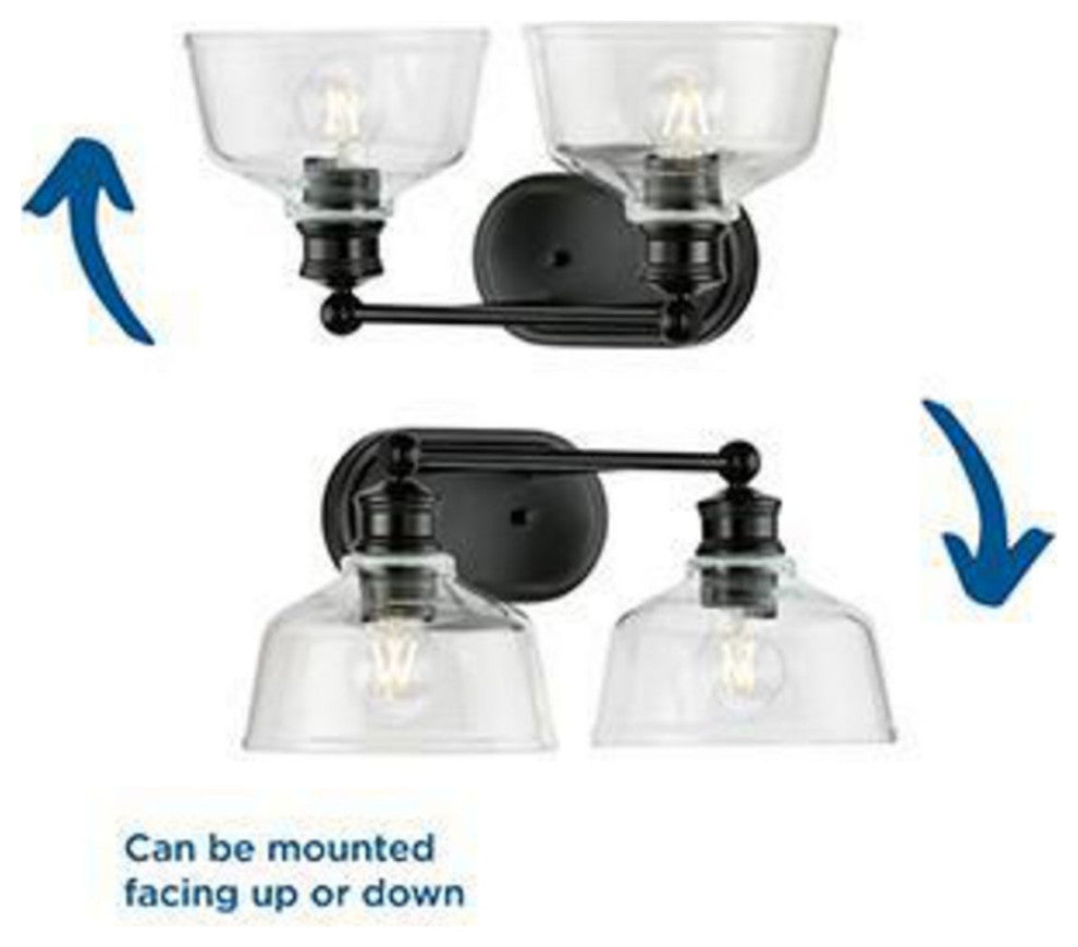 Singleton 2-Light 17" Matte Black Farmhouse Vanity Light With Clear Glass Shades