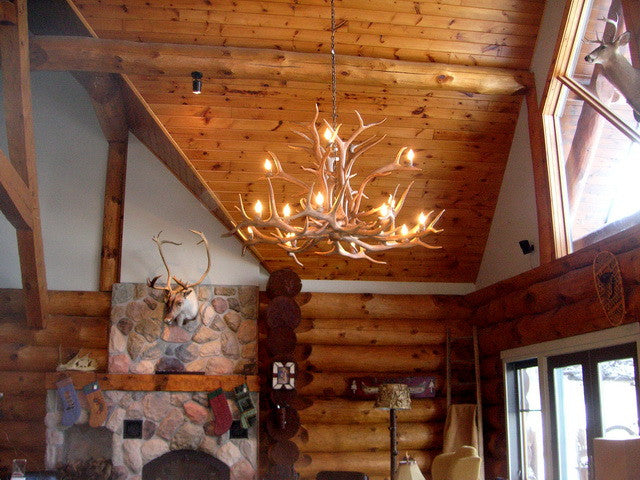 Elk Inverted Deer Antler Chandelier Light, Large, Parchment Shades