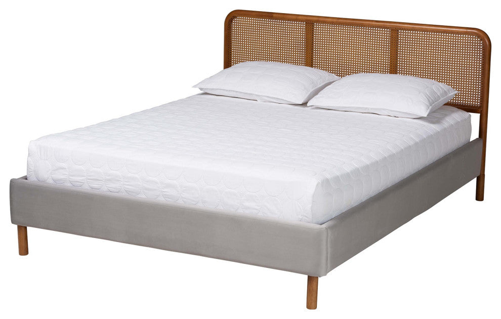 Fay Light Grey Velvet Queen Size Platform Bed