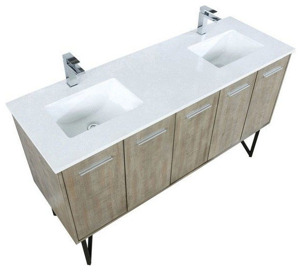 Lancy Modern 60" Rustic Acacia Double Sink Bathroom Vanity, Labaro Rose Gold Fau
