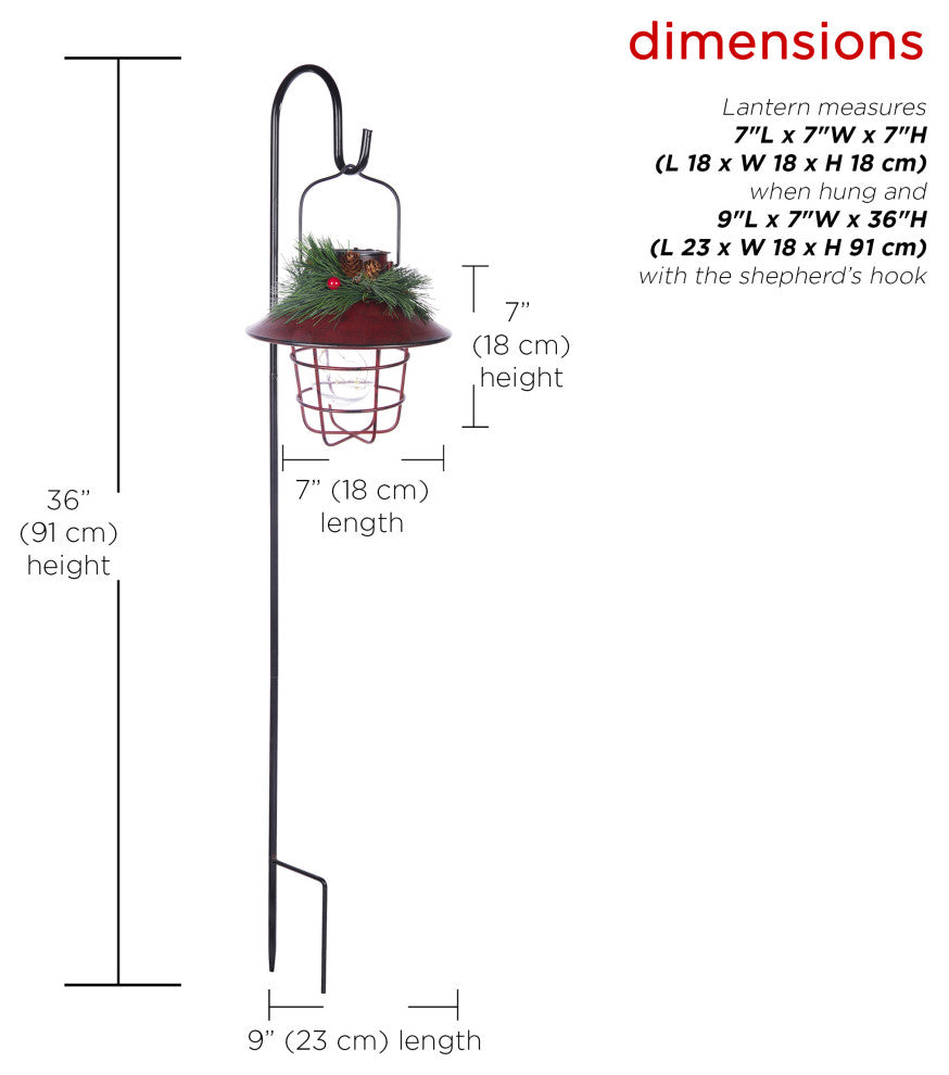 Metal Lantern w/ Shepherd's Hook and Warm White LED, Red