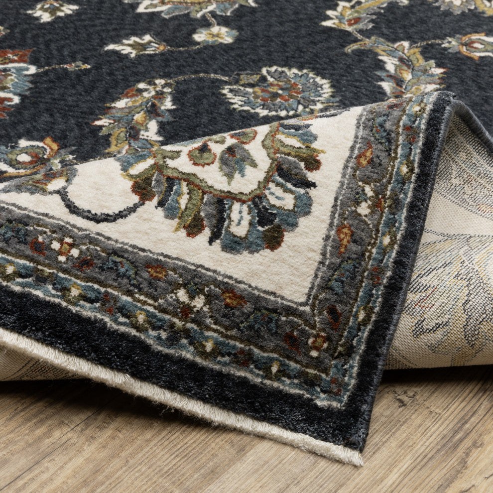 Vaughan Bordered Traditional Navy/ Ivory Fringe Edge Rug 7'10" x 10'10"