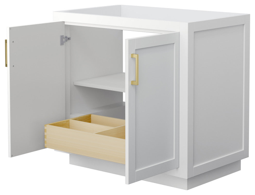 36" Single Bath Vanity, White, No Countertop, No Sink, Gold Trim