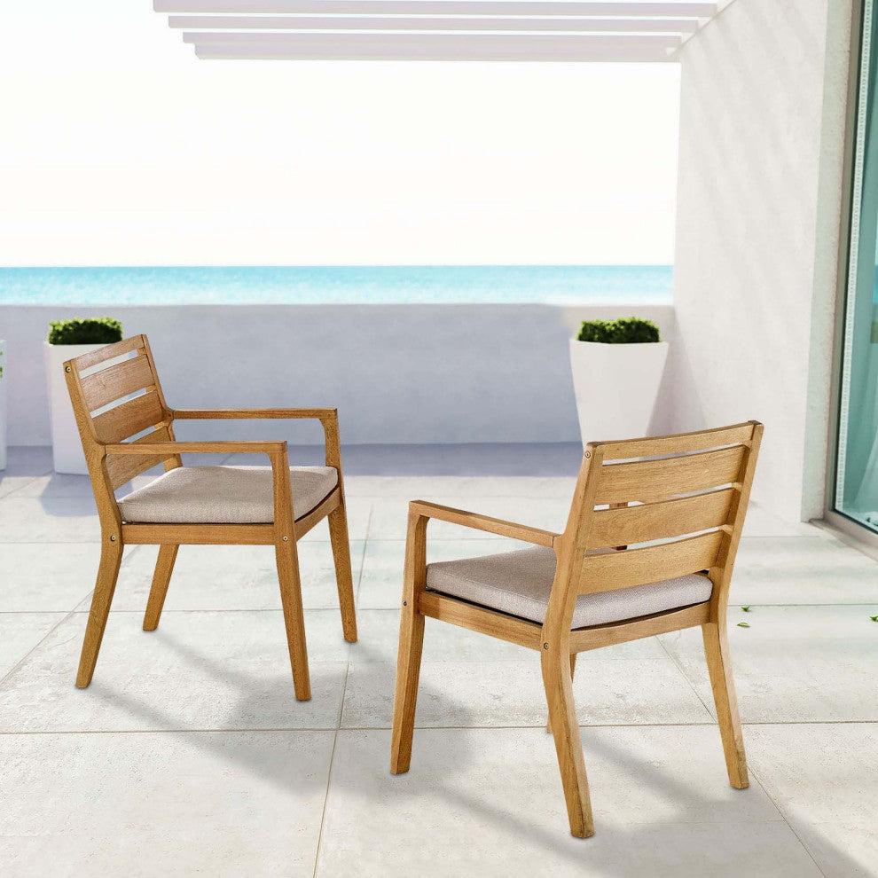 Lounge Chair Armchair, Set of 2, Wood, Brown Natural Taupe Gray, Modern, Outdoor
