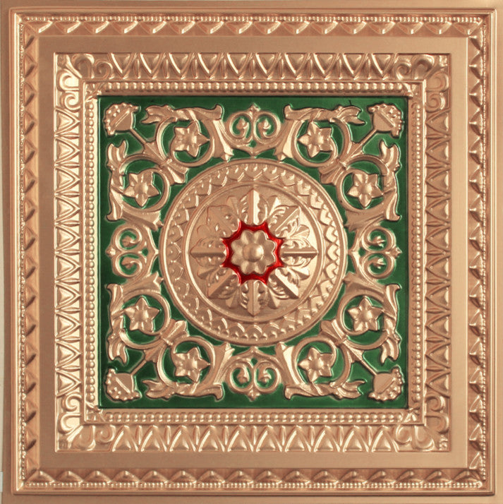 24"x24" D223 PVC Faux Tin Drop-in Ceiling Tiles Made of PVC, Set of 6, Gold/Green/Red