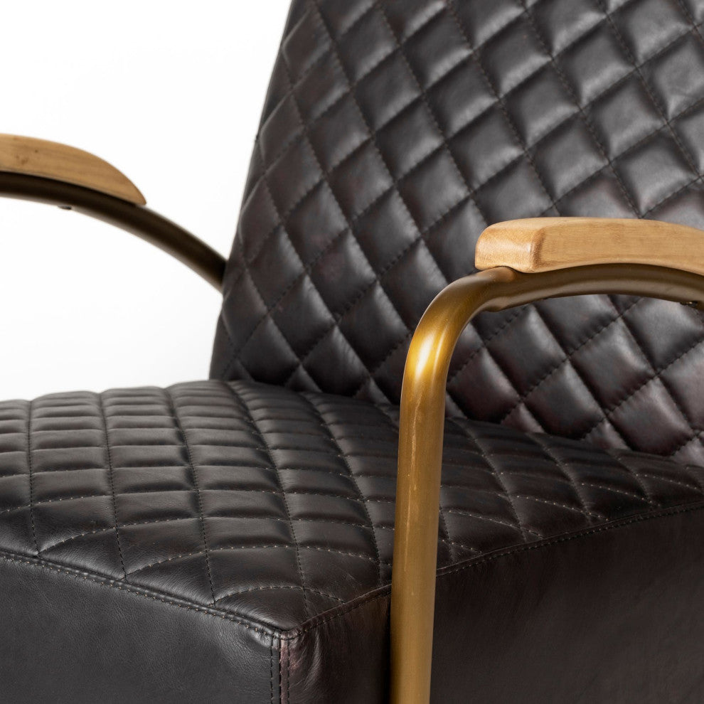 Horace I Black Leather Diamond Pattern With Gold Iron Frame Accent Chair
