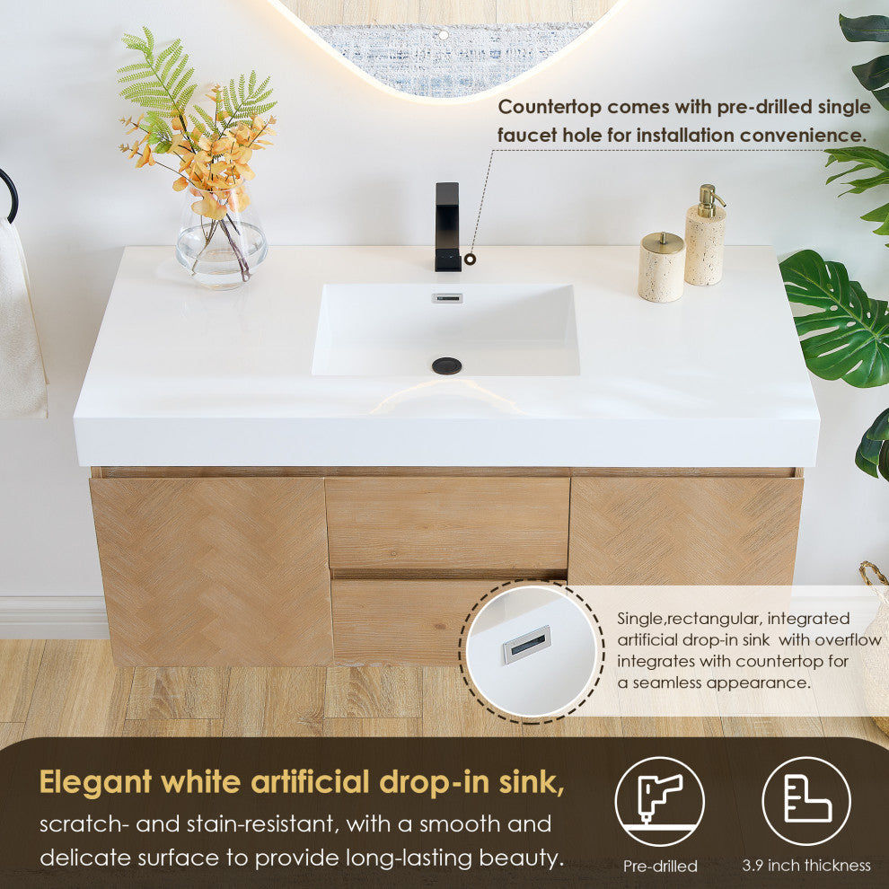 Siena Wall-mounted Single Bath Vanity, Light Brown, 48inch, With Mirror