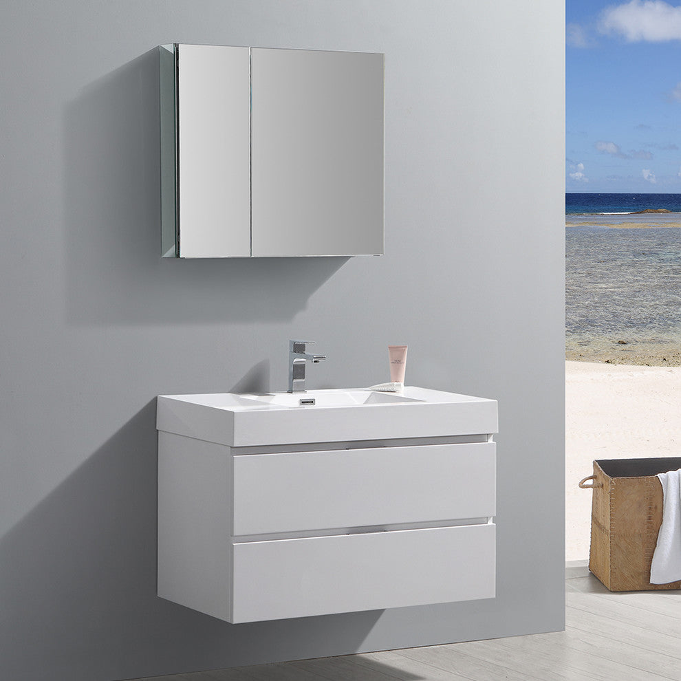 Valencia 36" Glossy White Wall Hung Vanity Set, Cabinet, Faucet, FFT9151BN