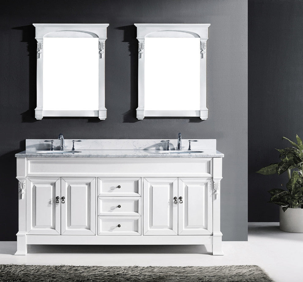 Virtu Huntshire 72" Double Bathroom Vanity, White With Marble Top, Mirrors
