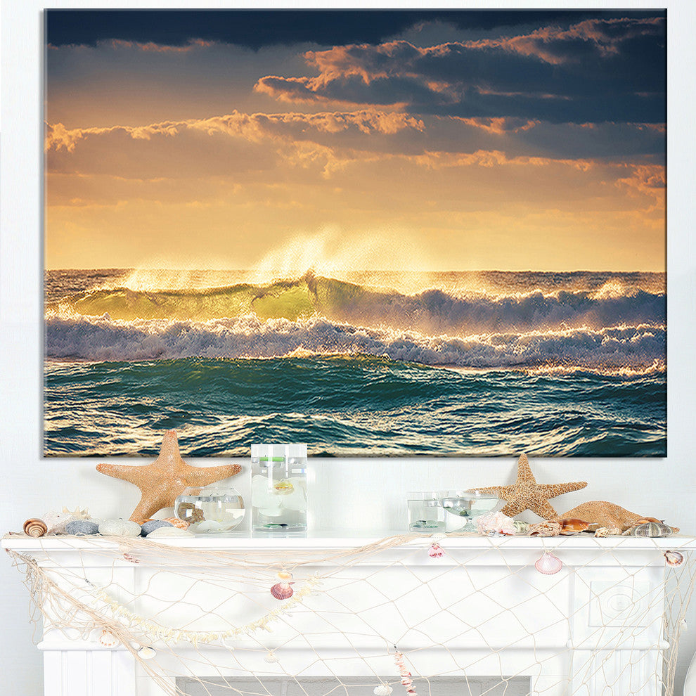 "Sunrise And Shining Waves in Ocean" Seashore Canvas Wall Art, 40"x20"