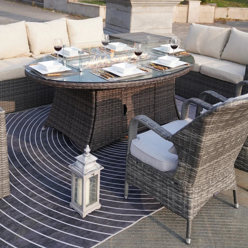 7-Piece Outdoor Gray Wicker Sofa Set with Chairs, Brown Fire Pit Table