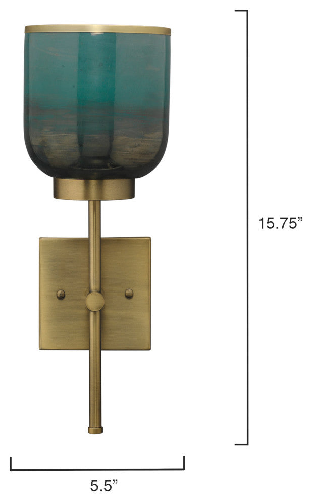 Jaime Young Vapor Single Sconce, Antique Brass and Aqua Metallic Glass