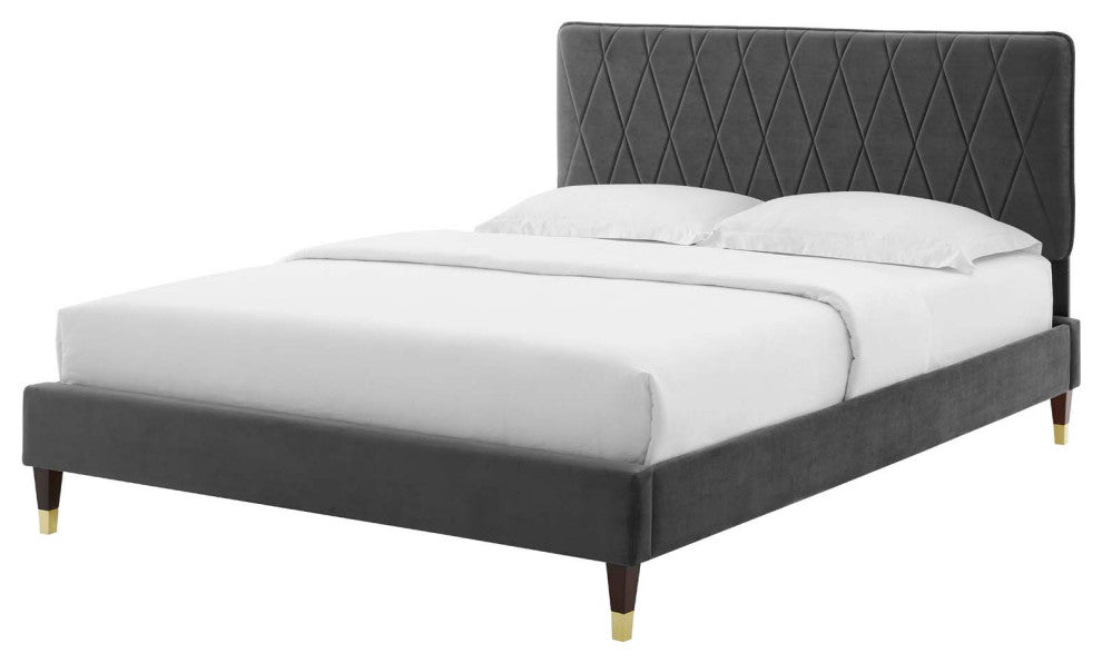 Platform Bed Frame, Queen Size, Velvet, Dark Gray, Modern Contemporary