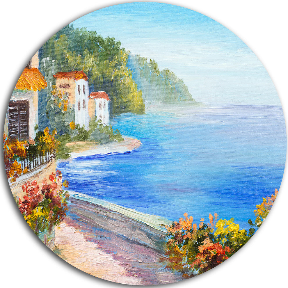 House Near Blue Sea, Landscape Disc Metal Artwork, 23"