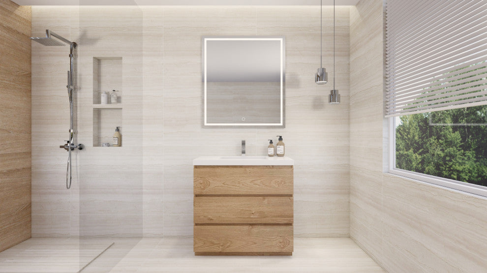 Alston 36" Free Standing Modern Vanity, New England Oak, Glossy White Top