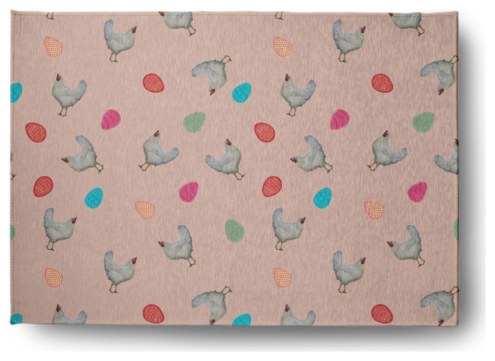 5' x 7' Chickens and Eggs Easter Chenille Indoor/Outdoor Rug