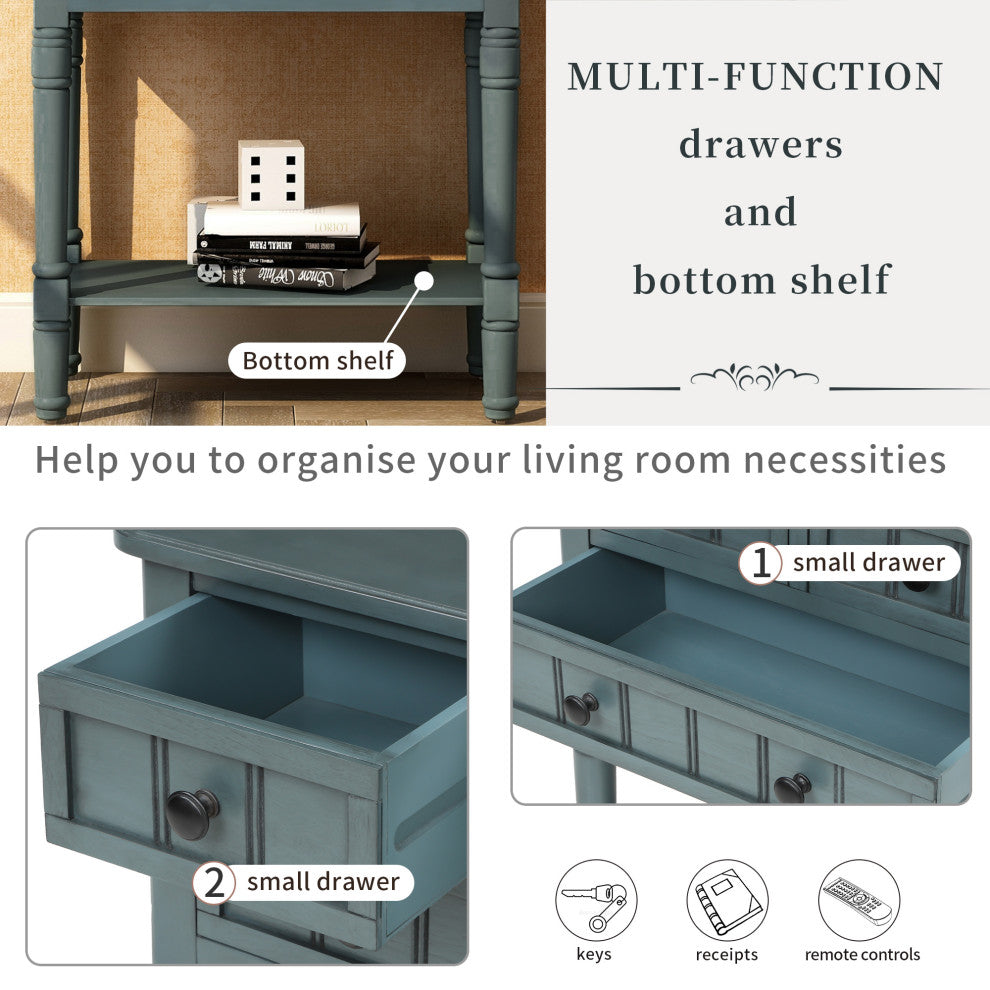 Narrow Console Table with Three Storage Drawers, Navy