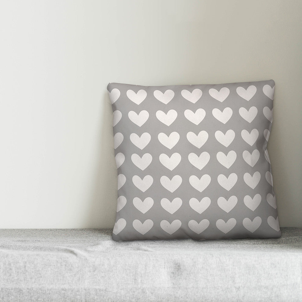 Grey And White Hearts Throw Pillow Cover, 16x16
