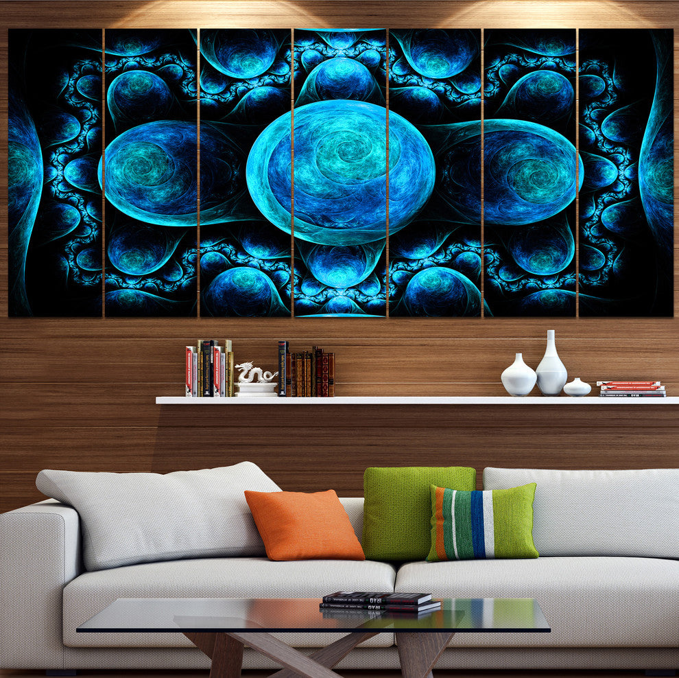 Blue Exotic Pattern on Black, Abstract Art on Canvas, 83"x32", 7 Panels