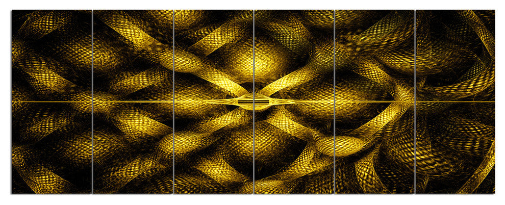 Golden Fractal Watercolor Pattern, Abstract Art on Canvas, 70"x28", 6 Panels