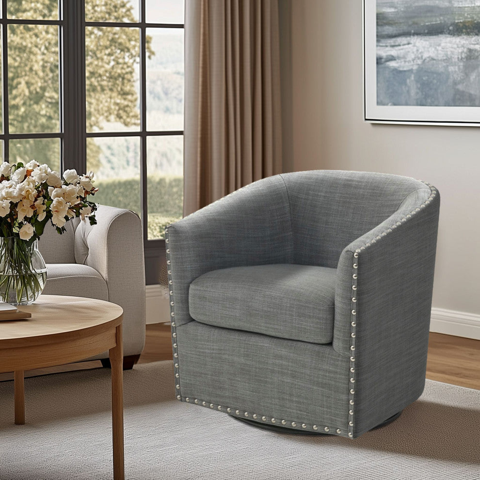 Madison Park Tyler Upholstered Swivel Barrel Chair with Nailheads, Grey