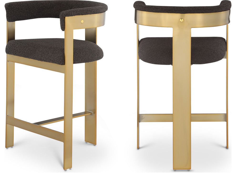 Romeo Upholstered Counter Stool, Set of 2, Brown, Boucle Fabric, Brushed Gold