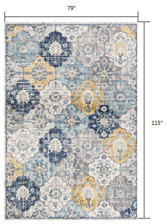 7"x10" Blue Distressed Floral Area Rug