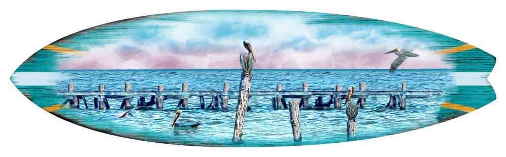 Seabirds Pelicans Surfboard Coastal Door Art, Approximate Size: 24x7