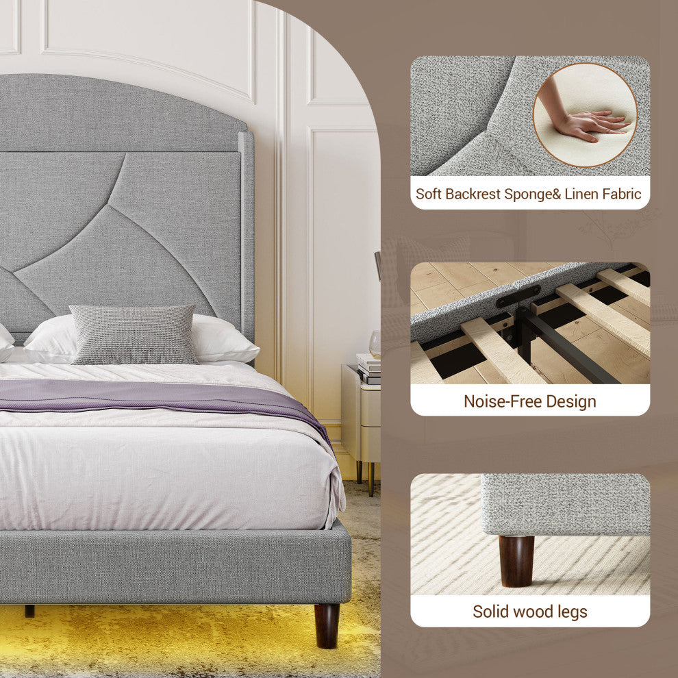 Upholstered Bed Frame W/Headboard Storage, LED Light & Outlets - Queen