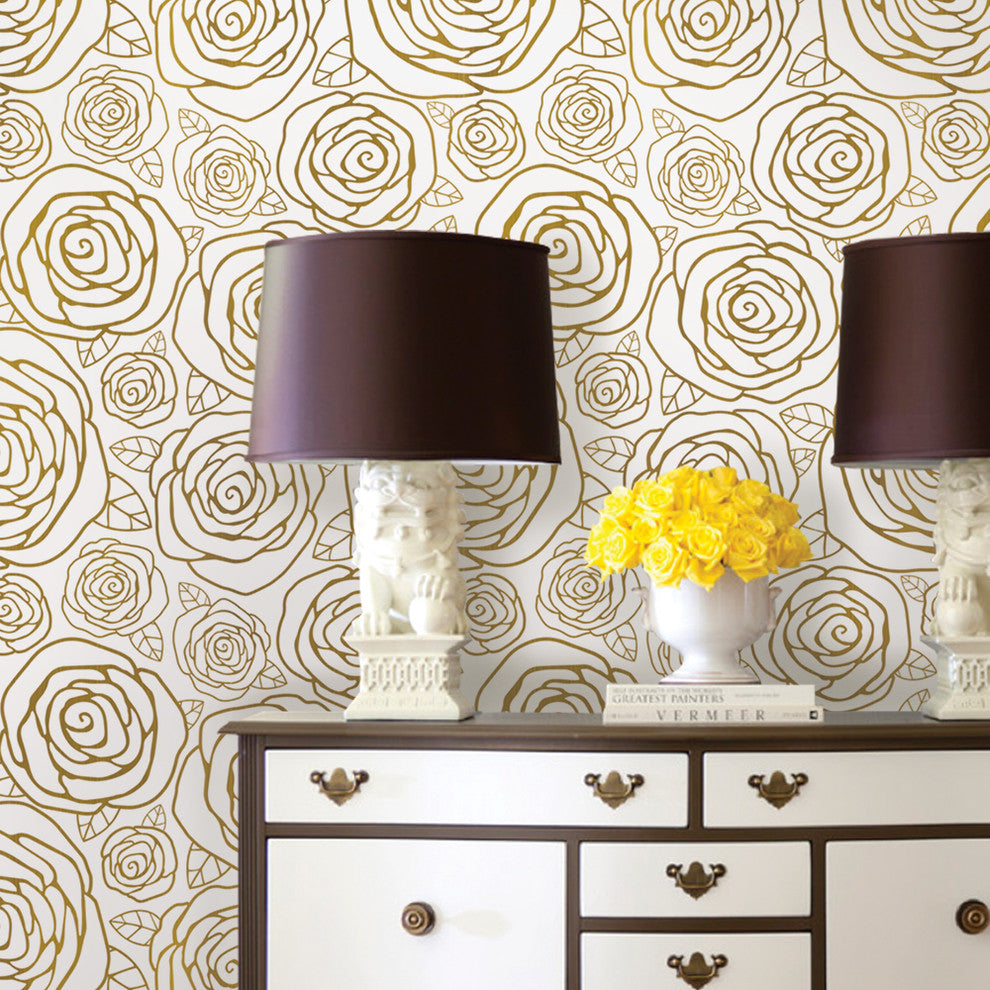 Gold Roses Peel and Stick Vinyl Wallpaper, 24"w X 60"h