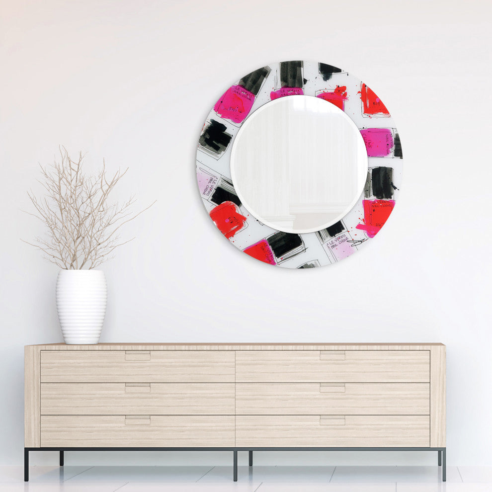 "Candy" Round Beveled Wall Mirror on Floating Printed Tempered Art Glass