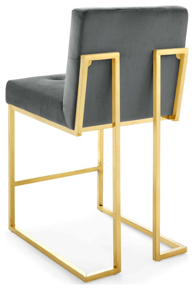 Counter Stool Chair, Velvet, Metal, Gold Gray, Modern, Bar Pub Cafe Bistro