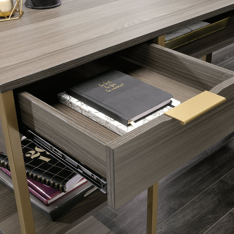 Contemporary Desk, L-Shaped Design With Golden Metal Frame, Diamond Ash Finish