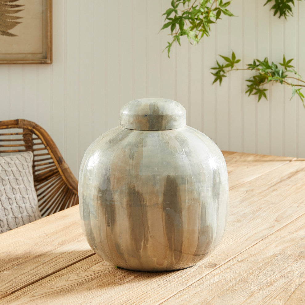 Elegant Enamel Metal Earth Tones Glossy Decorative Jar Cream Pearl White Modern