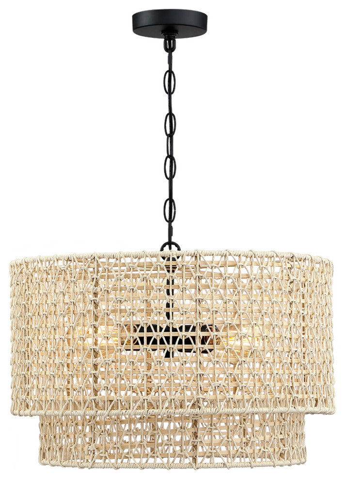 20" 4-Light Rattan Tiered Drum Chandelier Light With Black Canopy
