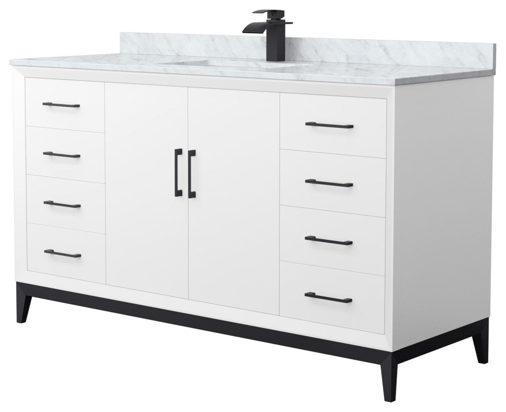 Amici 60" White Single Vanity, White Carrara Marble Top, Matte Black Trim