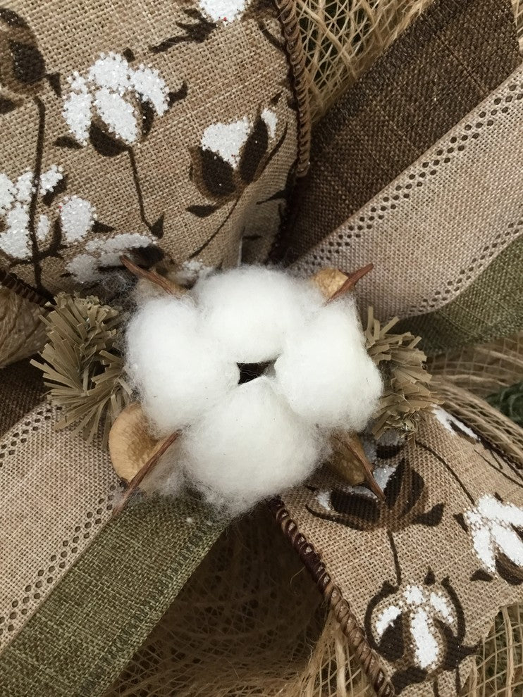 Handmade Deco Mesh Wreath, Cotton Blossom, Burlap