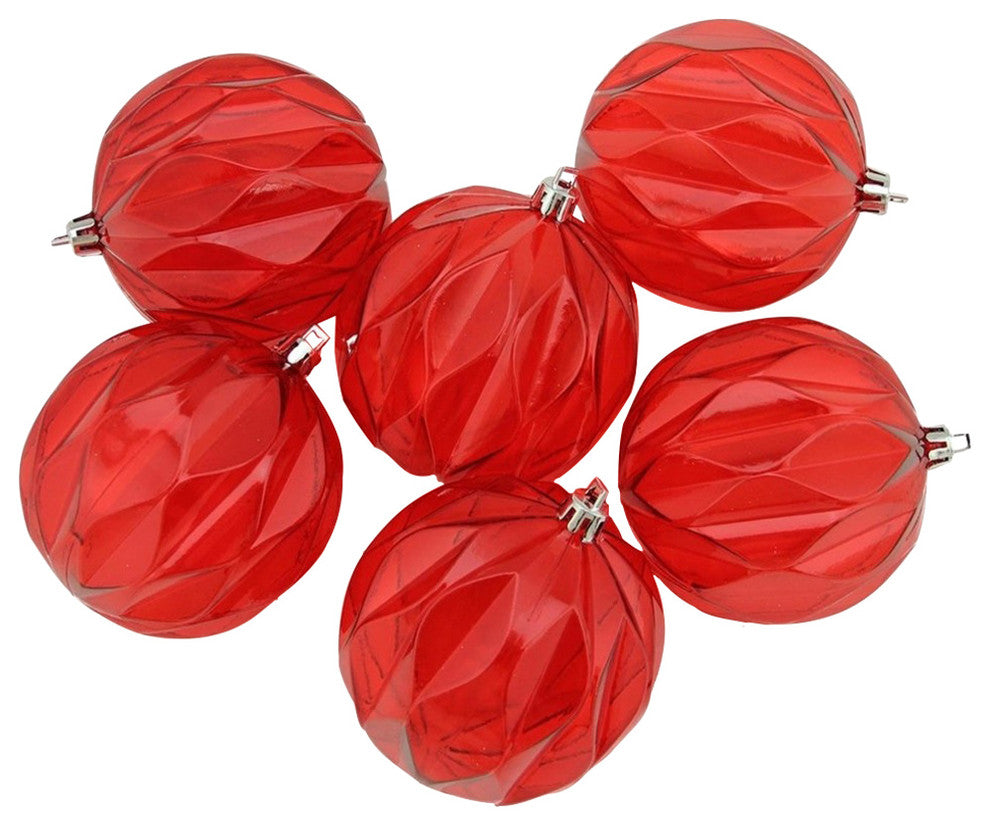 Transparent Rhombus Cut Shatterproof Ball Ornaments, Set of 6, Red Hot