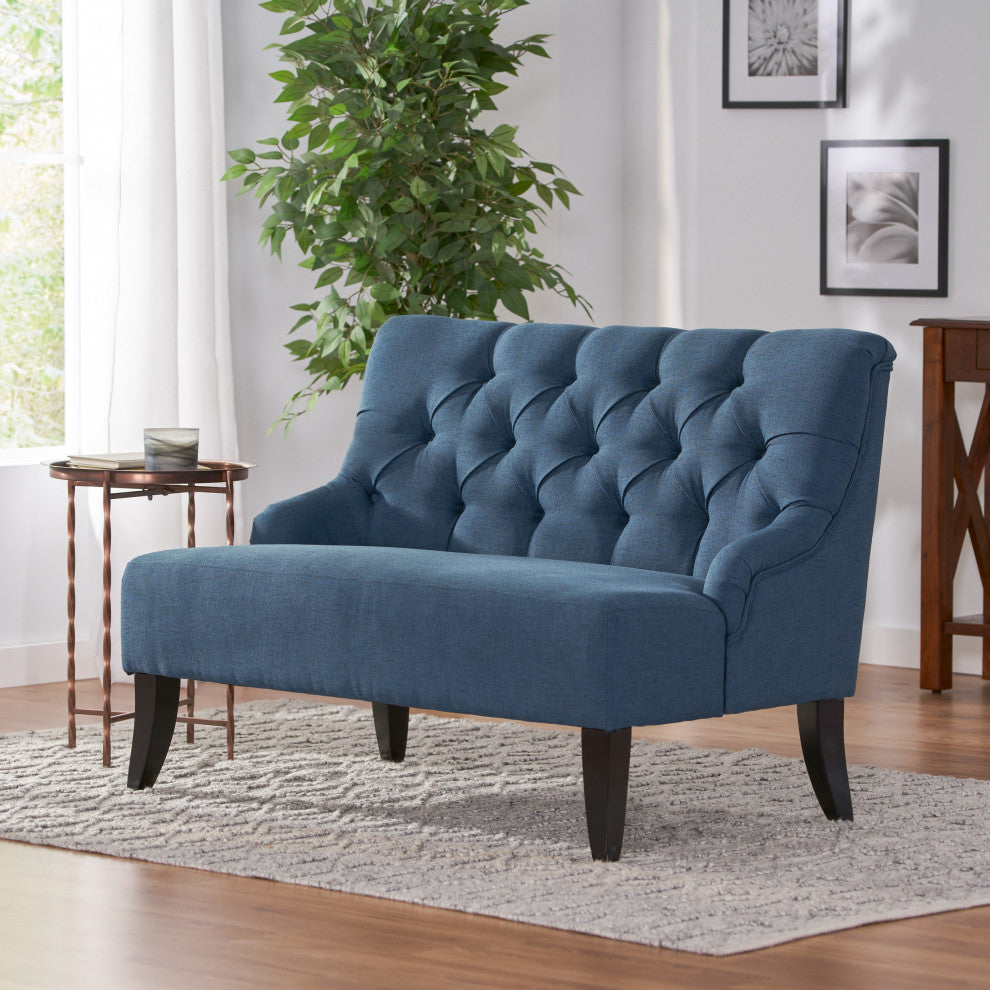 GDF Studio Nicoletta Tufted Fabric Settee Loveseat, Deep Blue